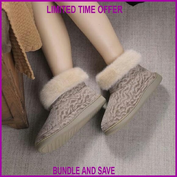 Women's Fuzzy Lined Knit Bootie Slippers Non-Slip Indoor Outdoor Shoes - Picture 3 of 8